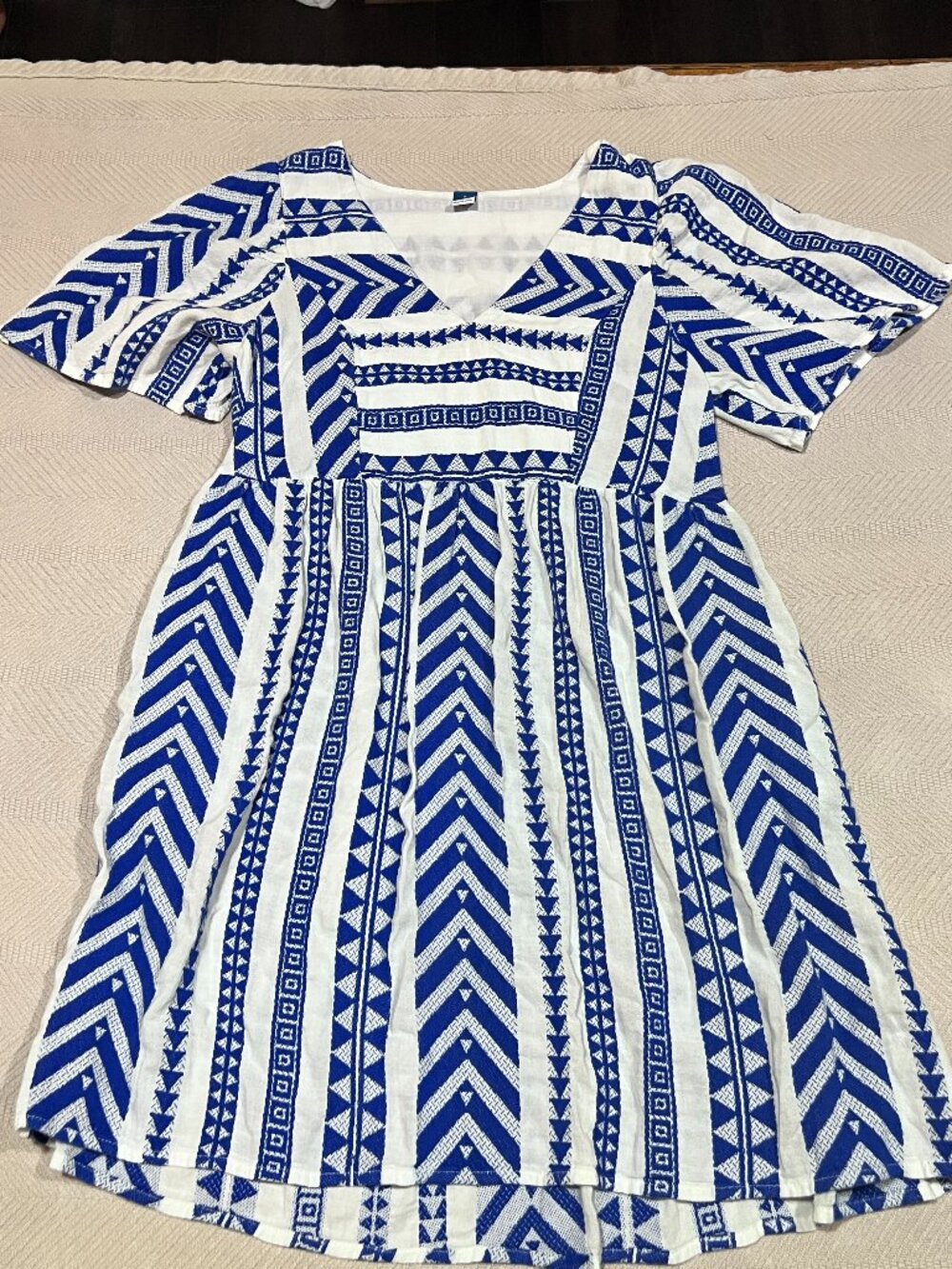 Old Navy Jacquard Mini Swing Dress Short Sleeve Women's Geometric Blue White S - Picture 1 of 5